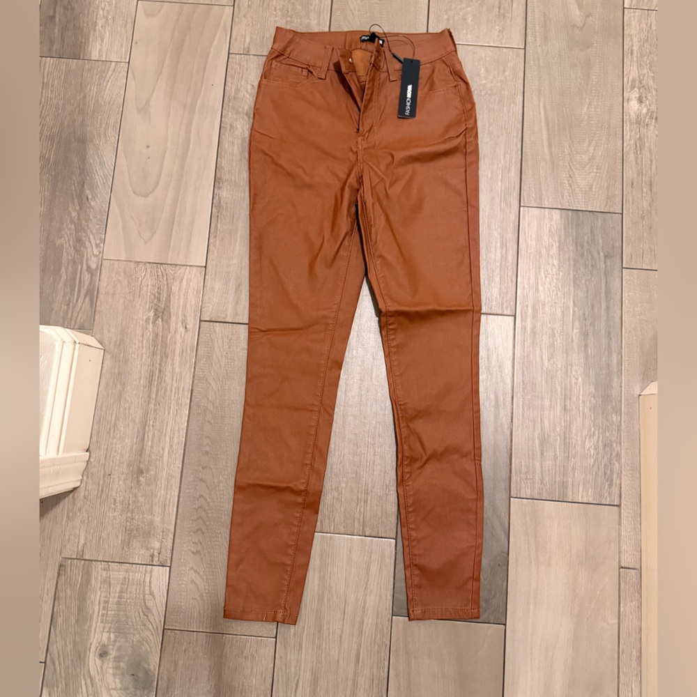 Fashion Nova Cognac Faux-Leather Skinny Pants